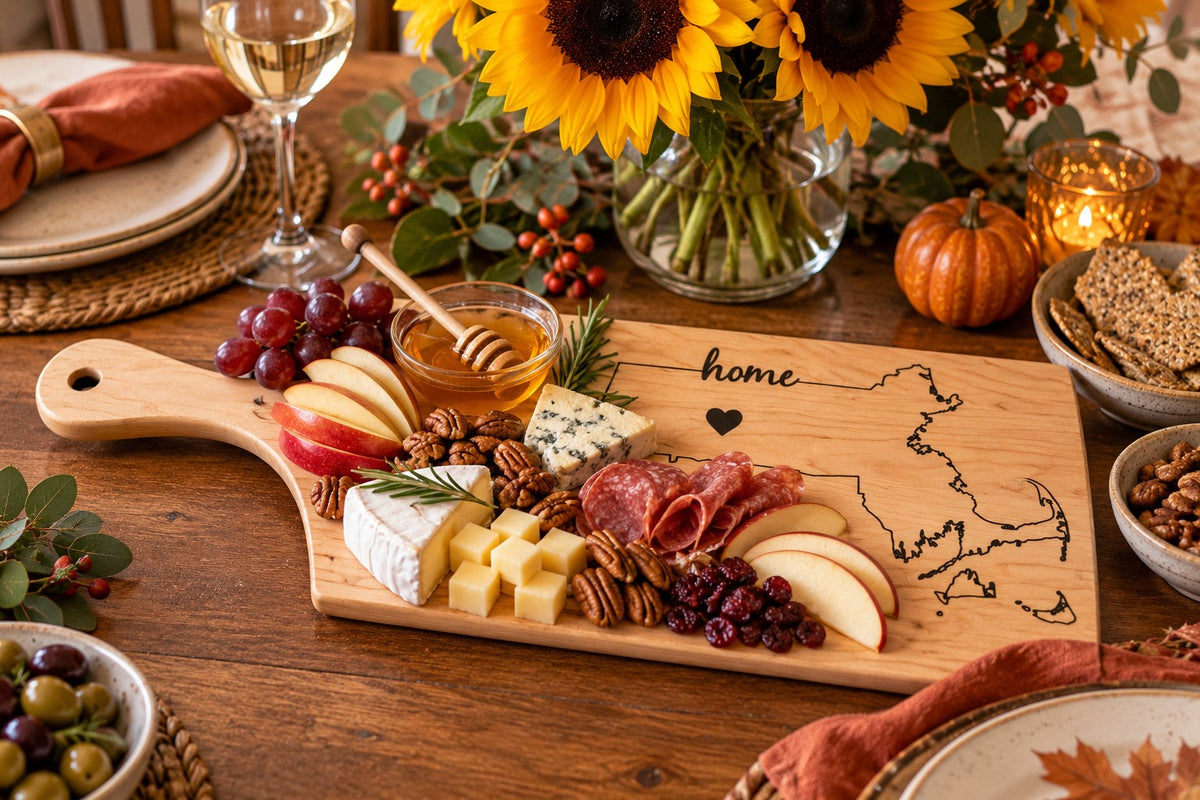 Massachusetts Home Engraved Maple Cutting Board, board with cheese and charcuterie