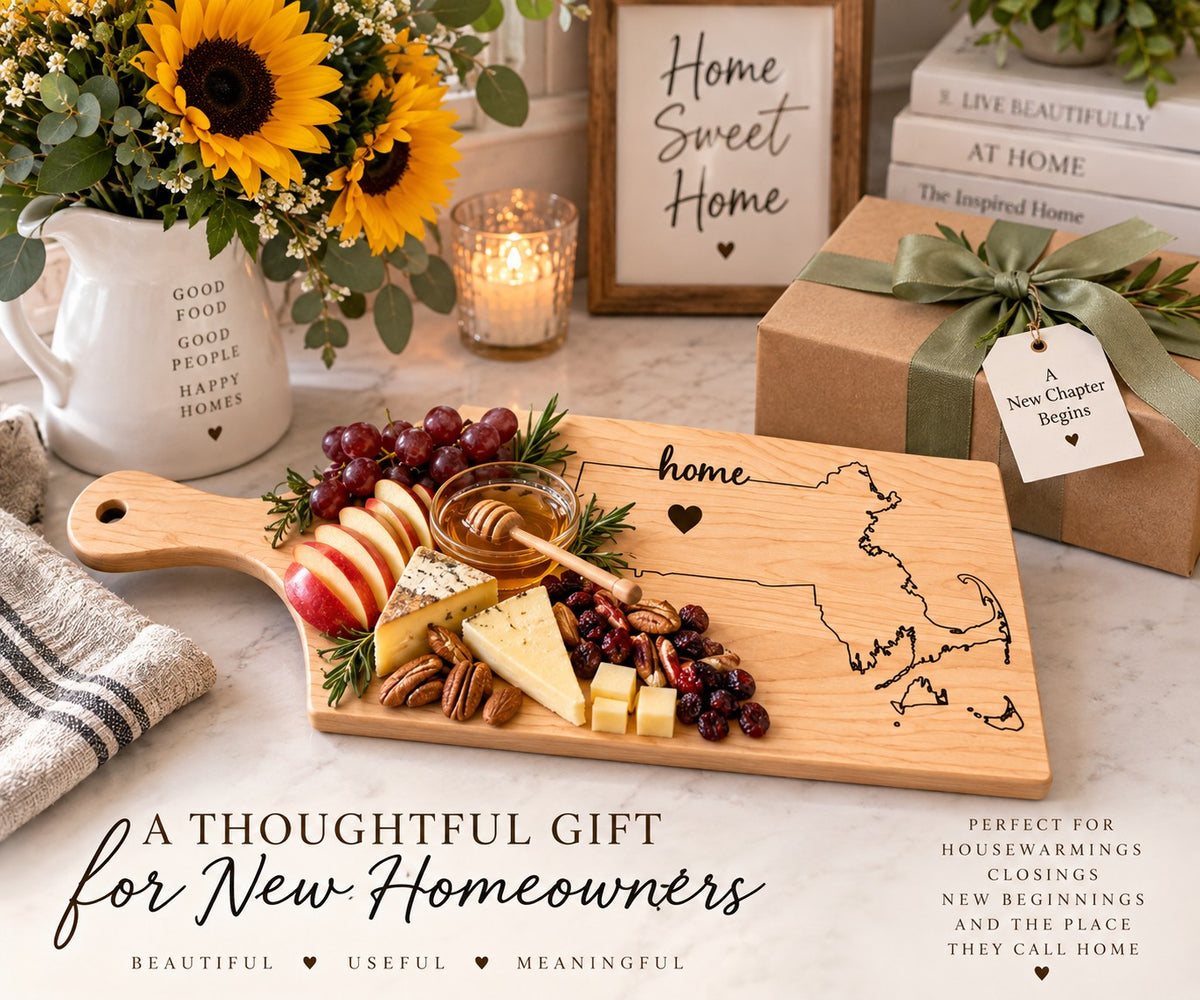 Massachusetts Home Engraved Maple Cutting Board, gift graphic for new homeowners with the board