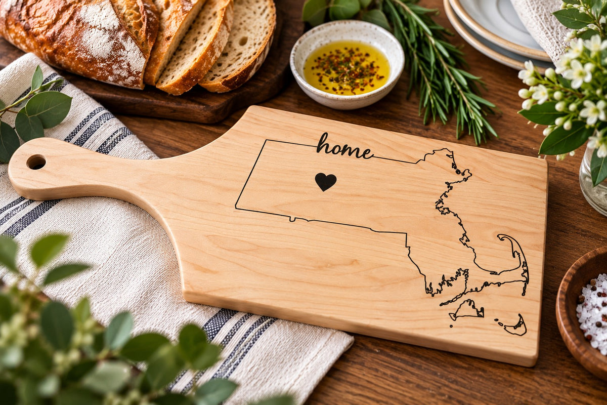 Massachusetts Home Engraved Maple Cutting Board, Massachusetts home board on linen