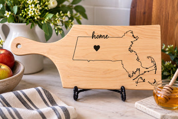 Maple board engraved with a Massachusetts outline and Home
