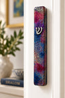 The Mazel Collection, slim glitter mezuzah case on a doorpost (Classic Wood)