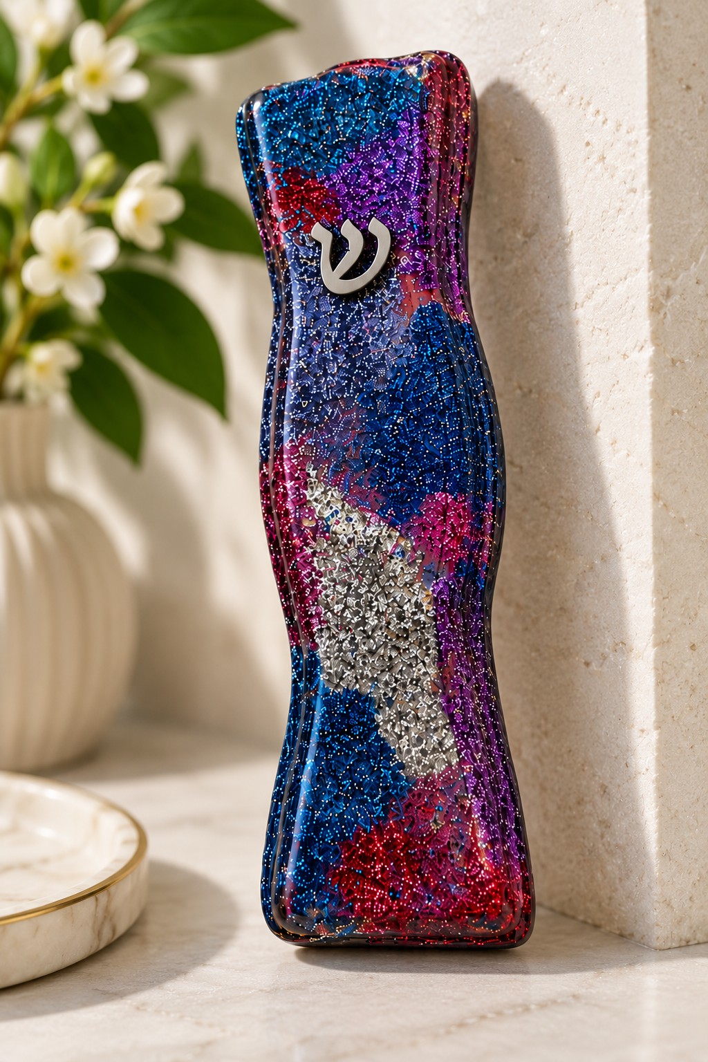 The Mazel Collection, blue and red glitter mezuzah case on a shelf (Curved Large)