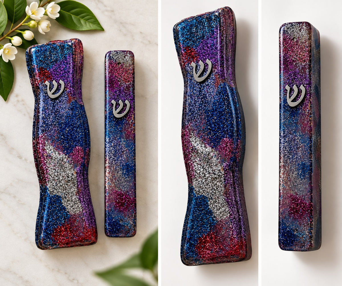 The Mazel Collection, collage of the Mazel glitter mezuzah cases