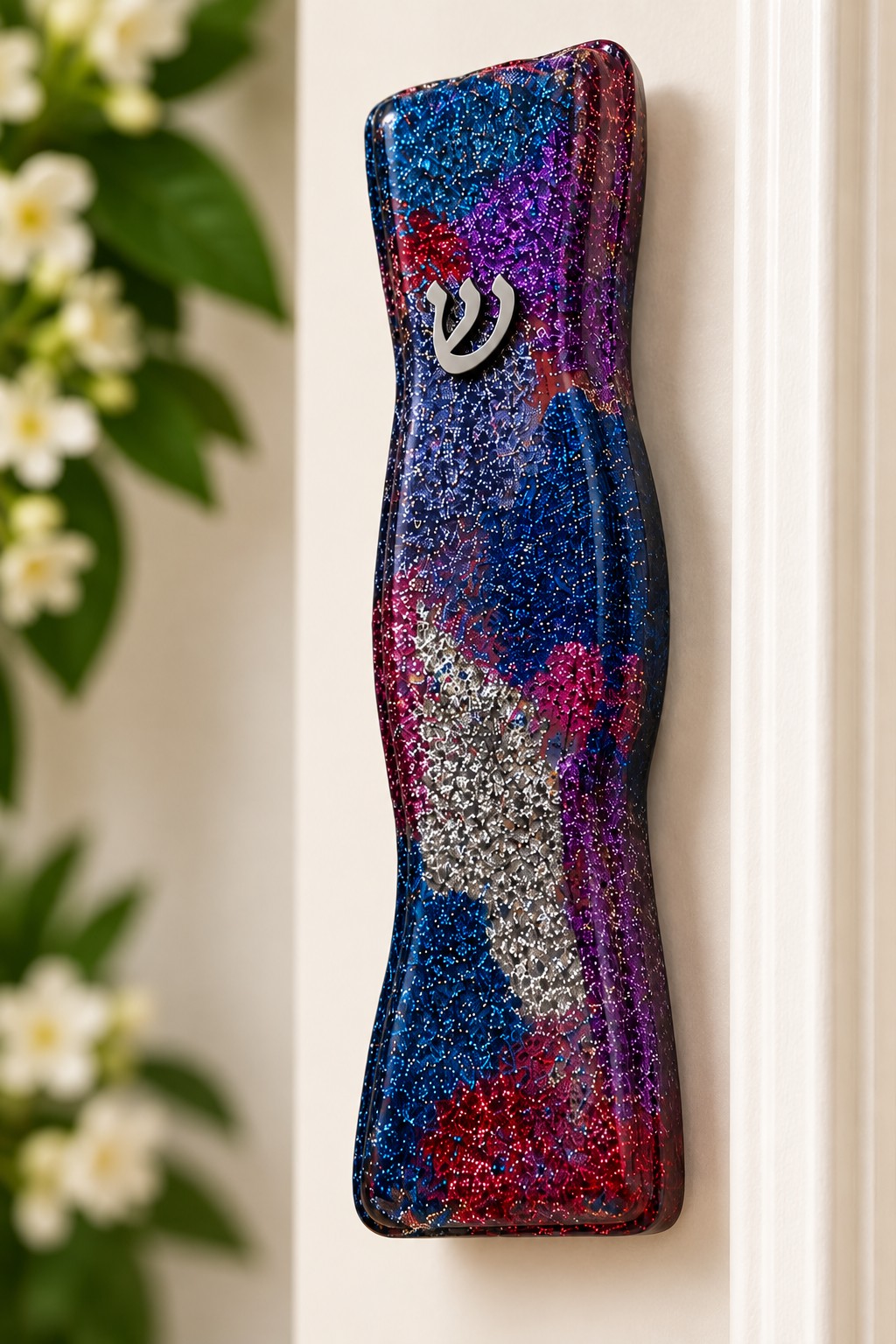 The Mazel Collection, glitter mezuzah case on a doorpost