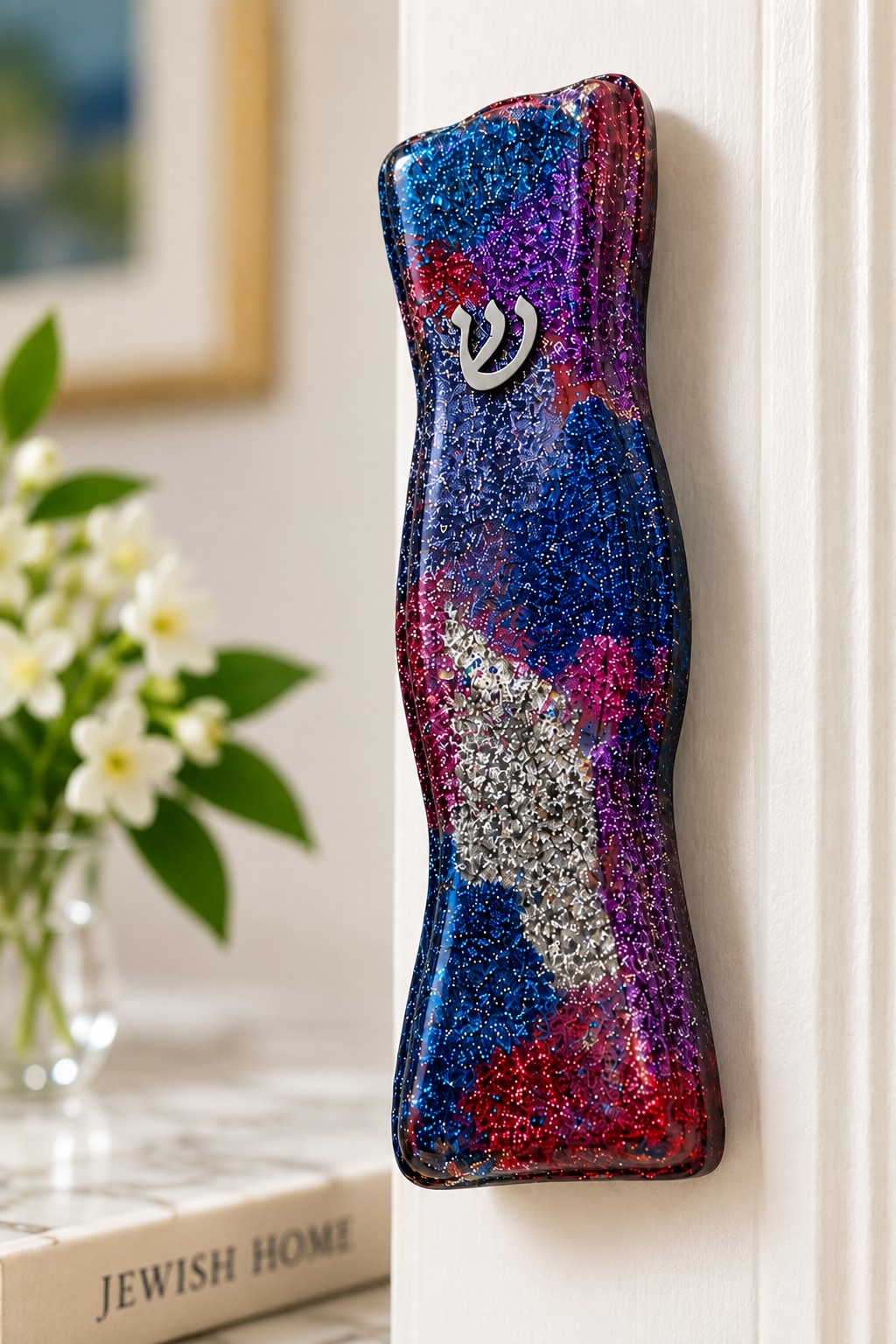 The Mazel Collection, blue glitter mezuzah case with flowers