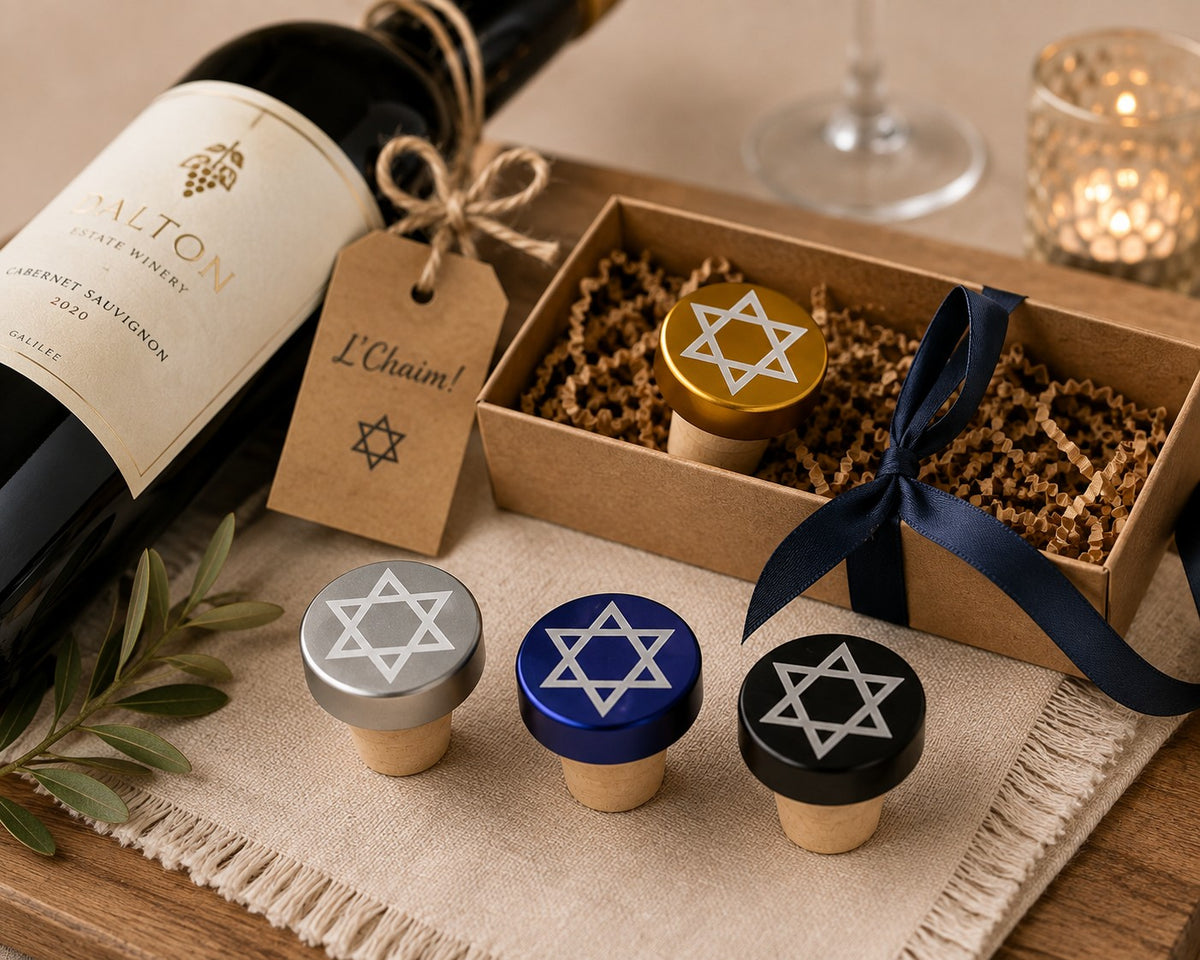 Metallic Star of David Wine Bottle Stopper, metallic stoppers in a gift box with wine