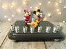 Mickey and Minnie Mouse menorah, repurposed Disney figures on painted wood plaque