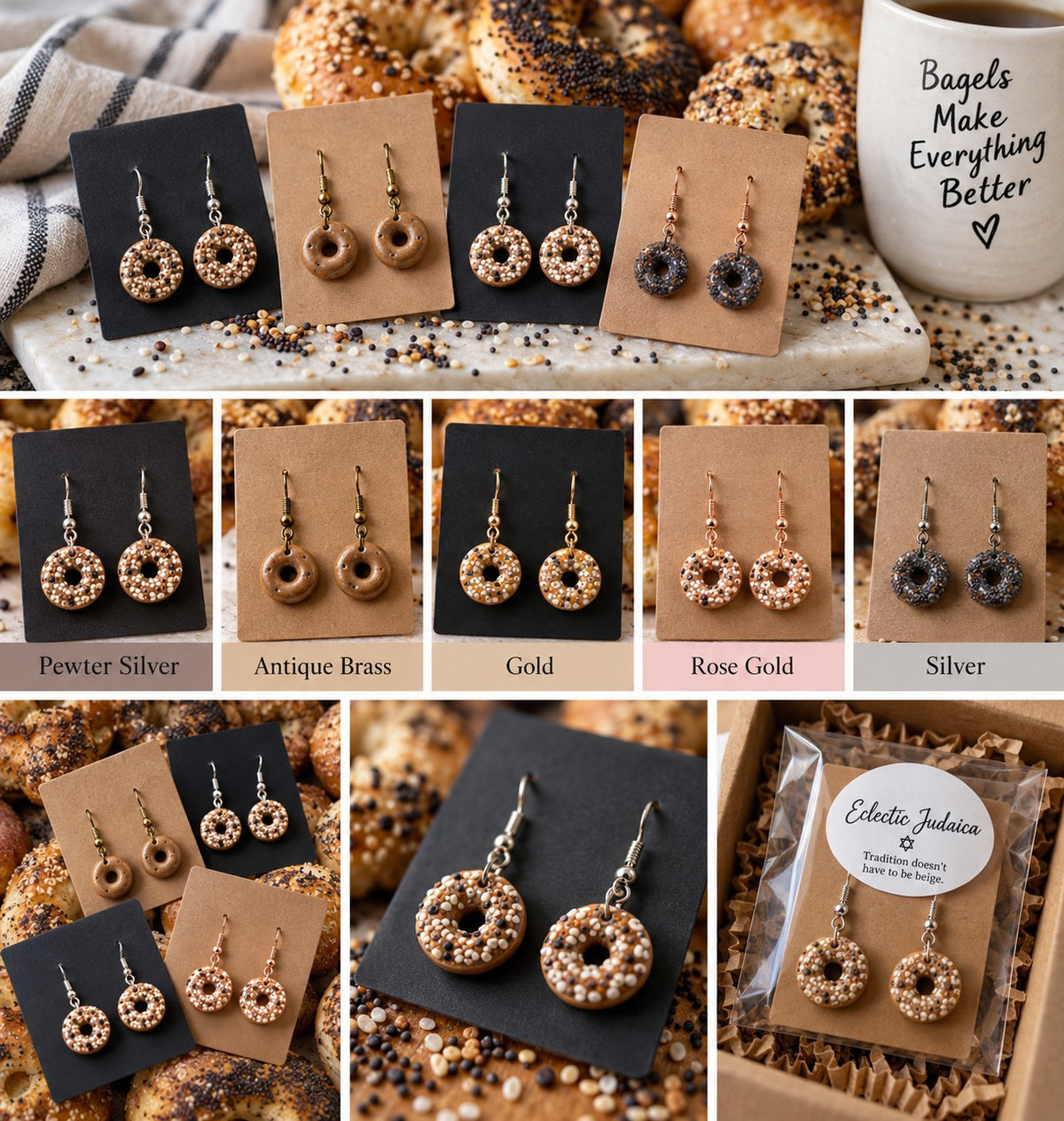 Collage of mini bagel earrings in each finish with gift box