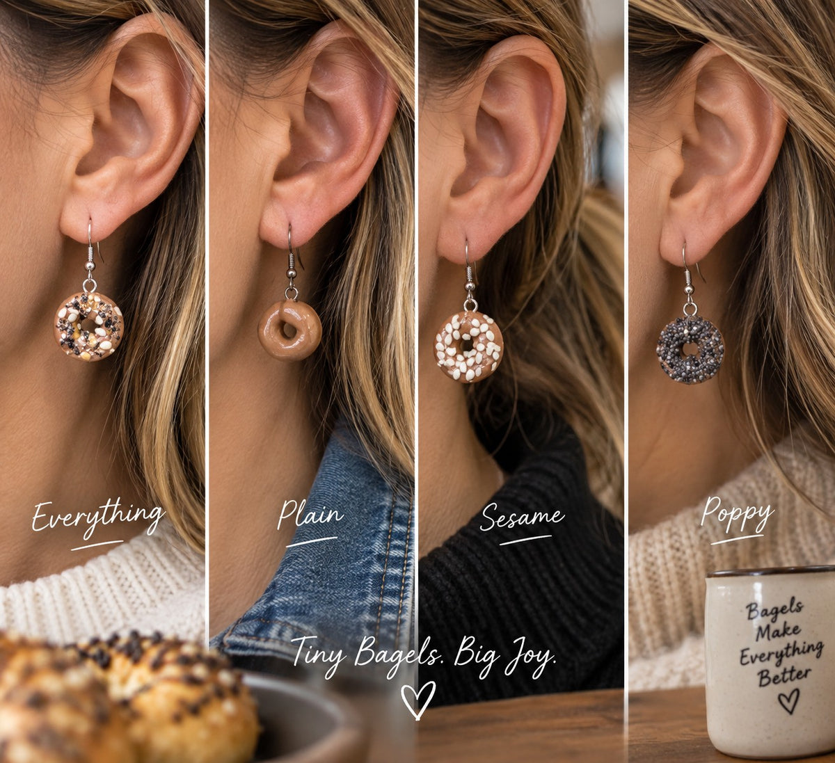 Mini bagel earrings worn, four styles side by side