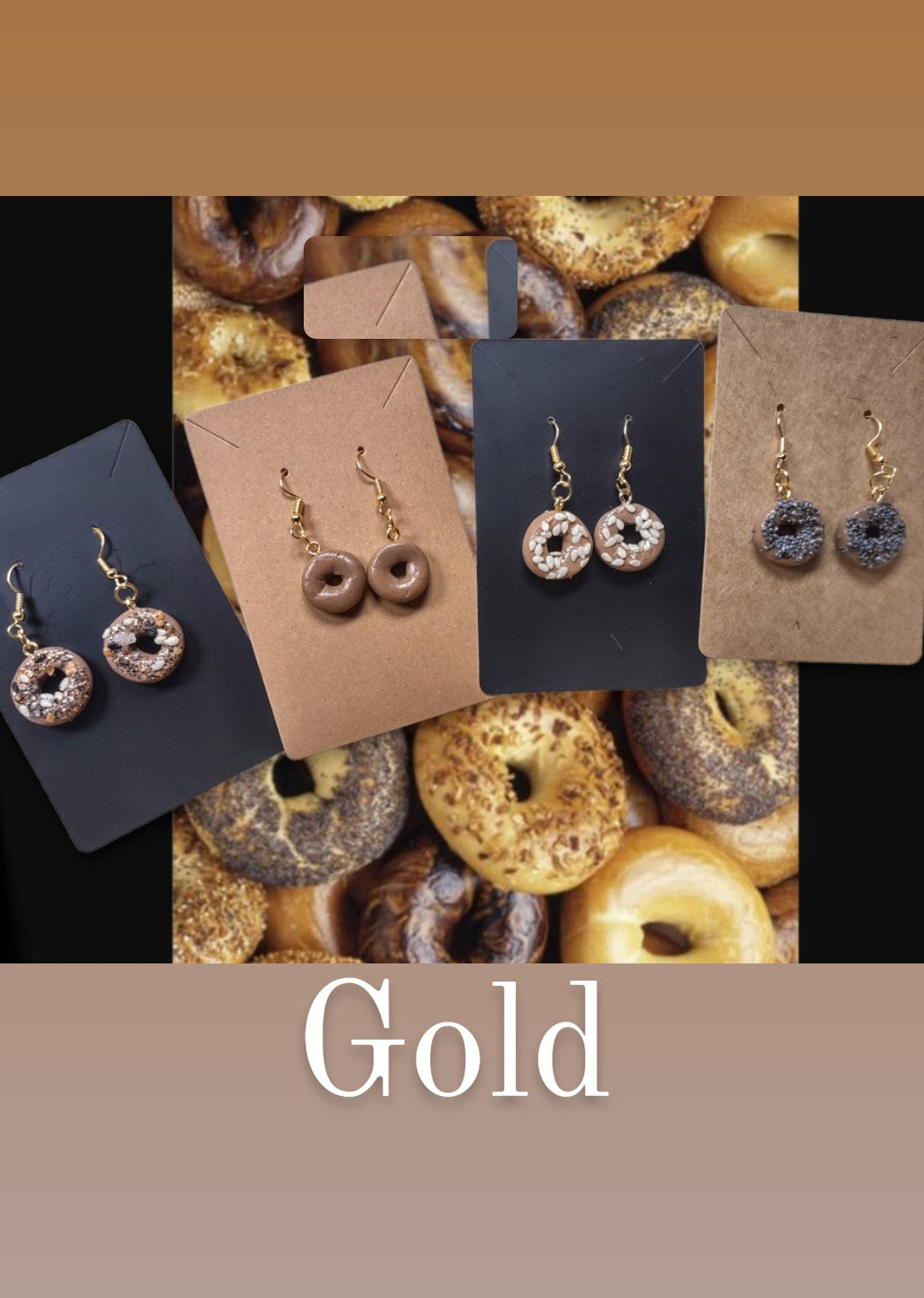 Mini bagel earrings on cards in a warm-toned display