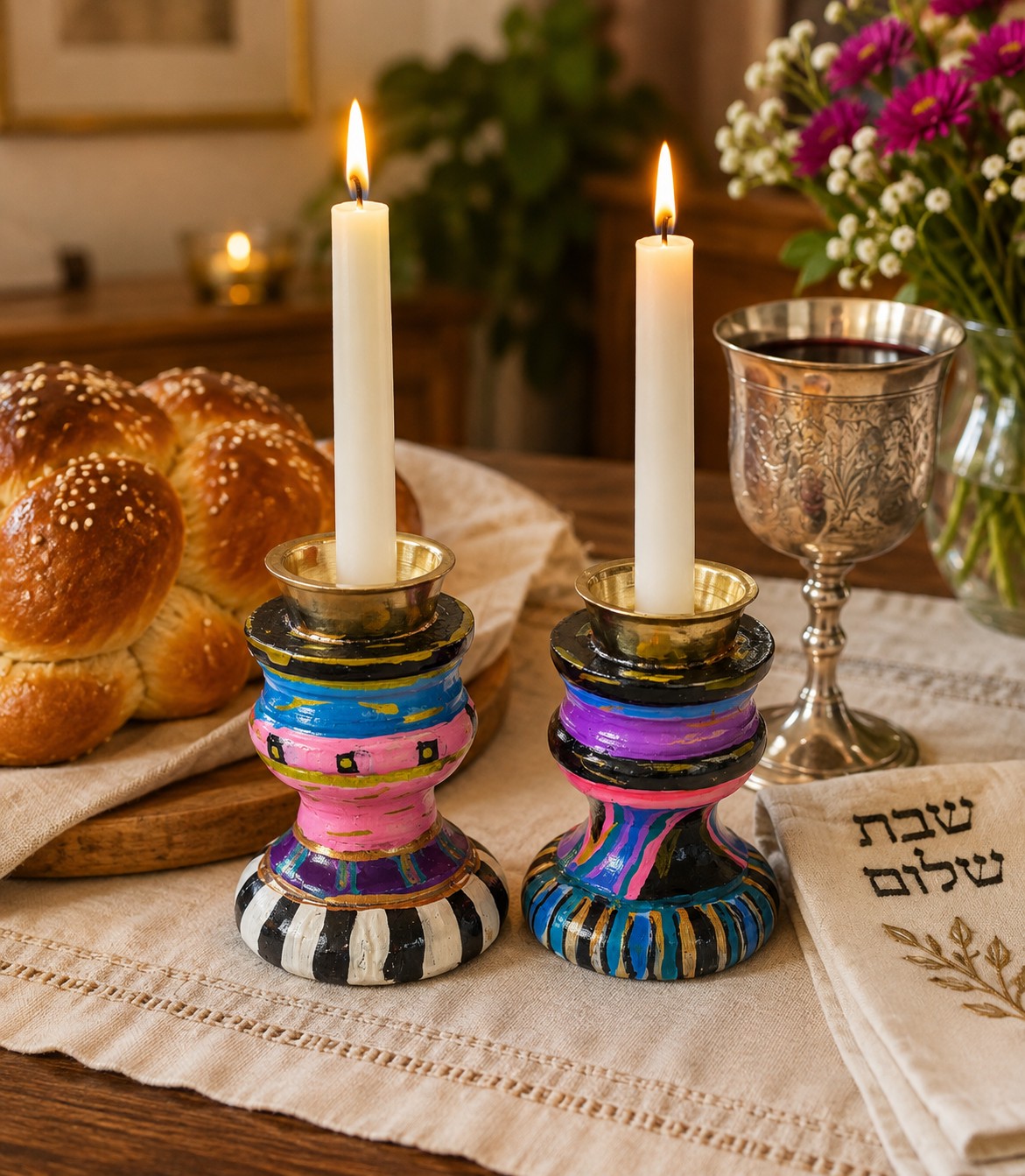 Mitzi, Mitzi candlesticks with challah and kiddush cup