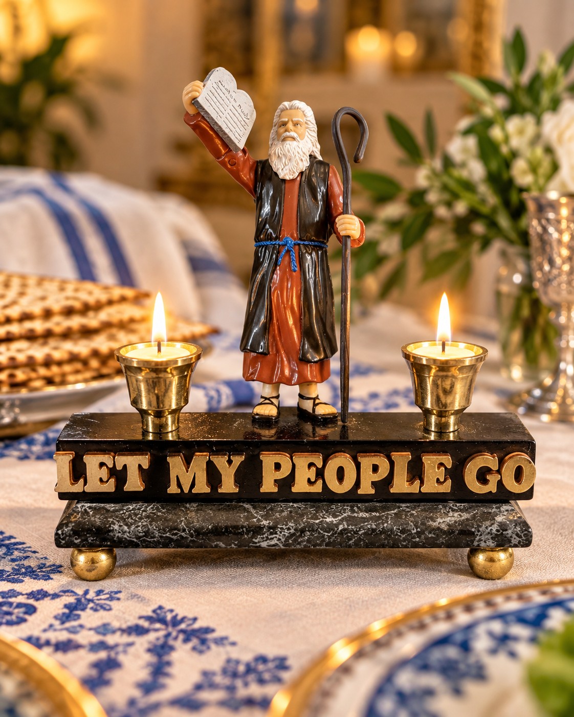 Moses Let My People Go Shabbat Candle Holders, Moses candle holder beside matzah and a seder plate