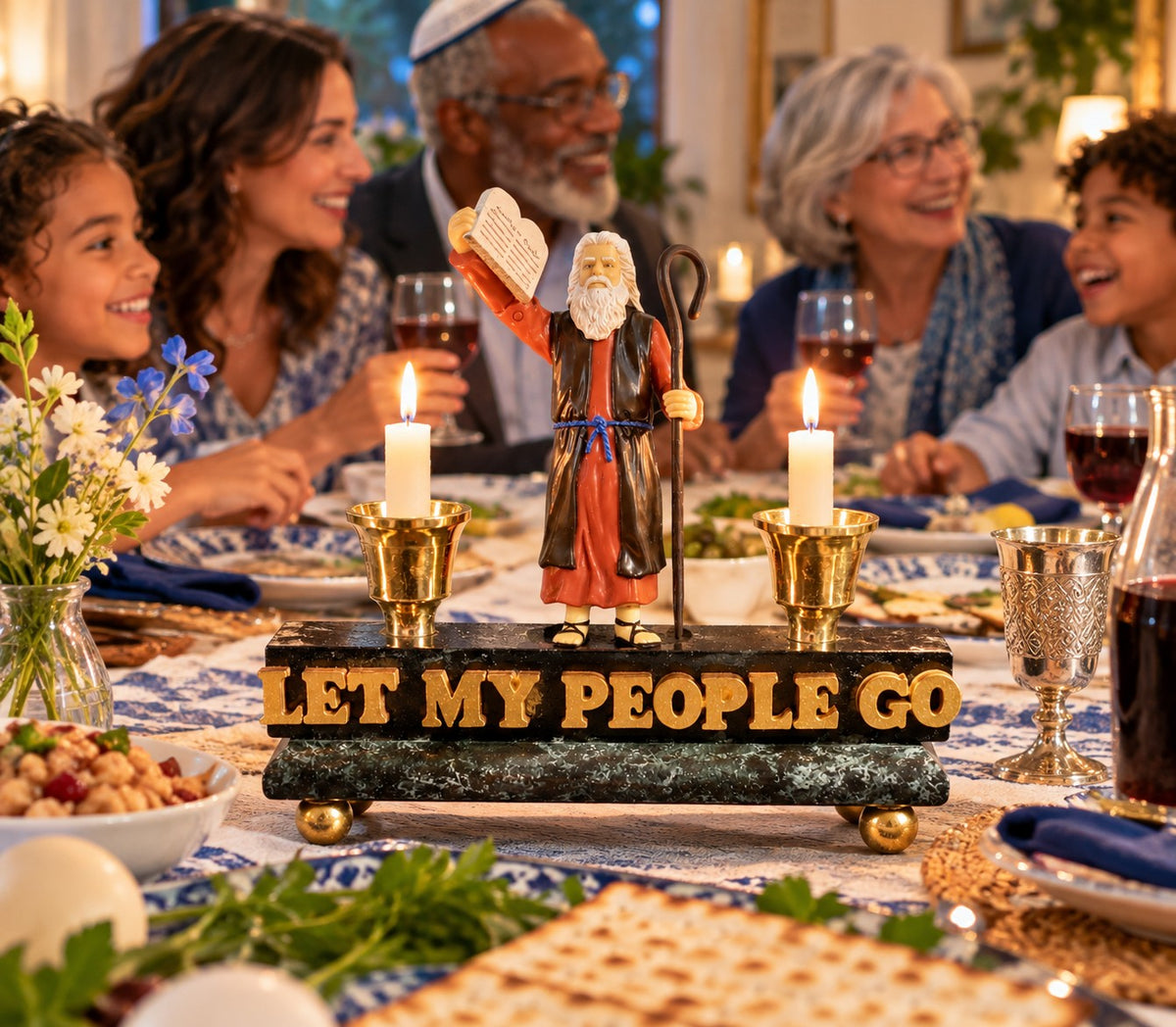 Moses Let My People Go Shabbat Candle Holders, Moses candle holder at a family table with people seated