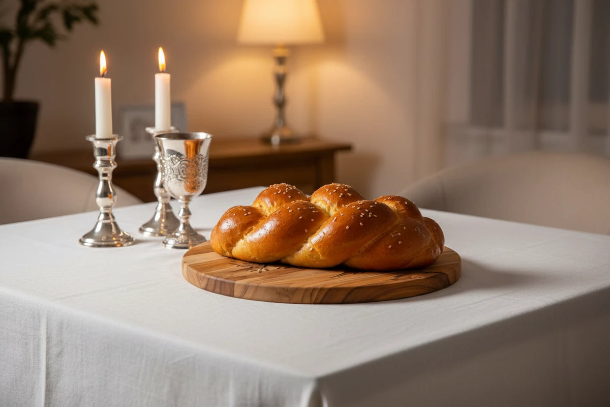 Olive tree board with challah and candles