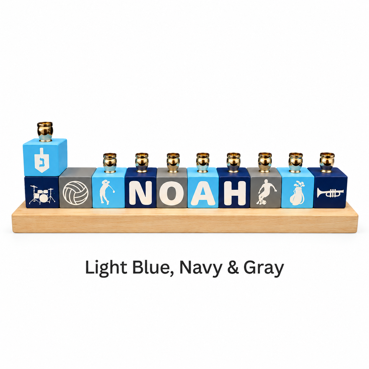 Personalized Name Block Menorah- Modern Design, light blue, navy and grey name block menorah spelling NOAH