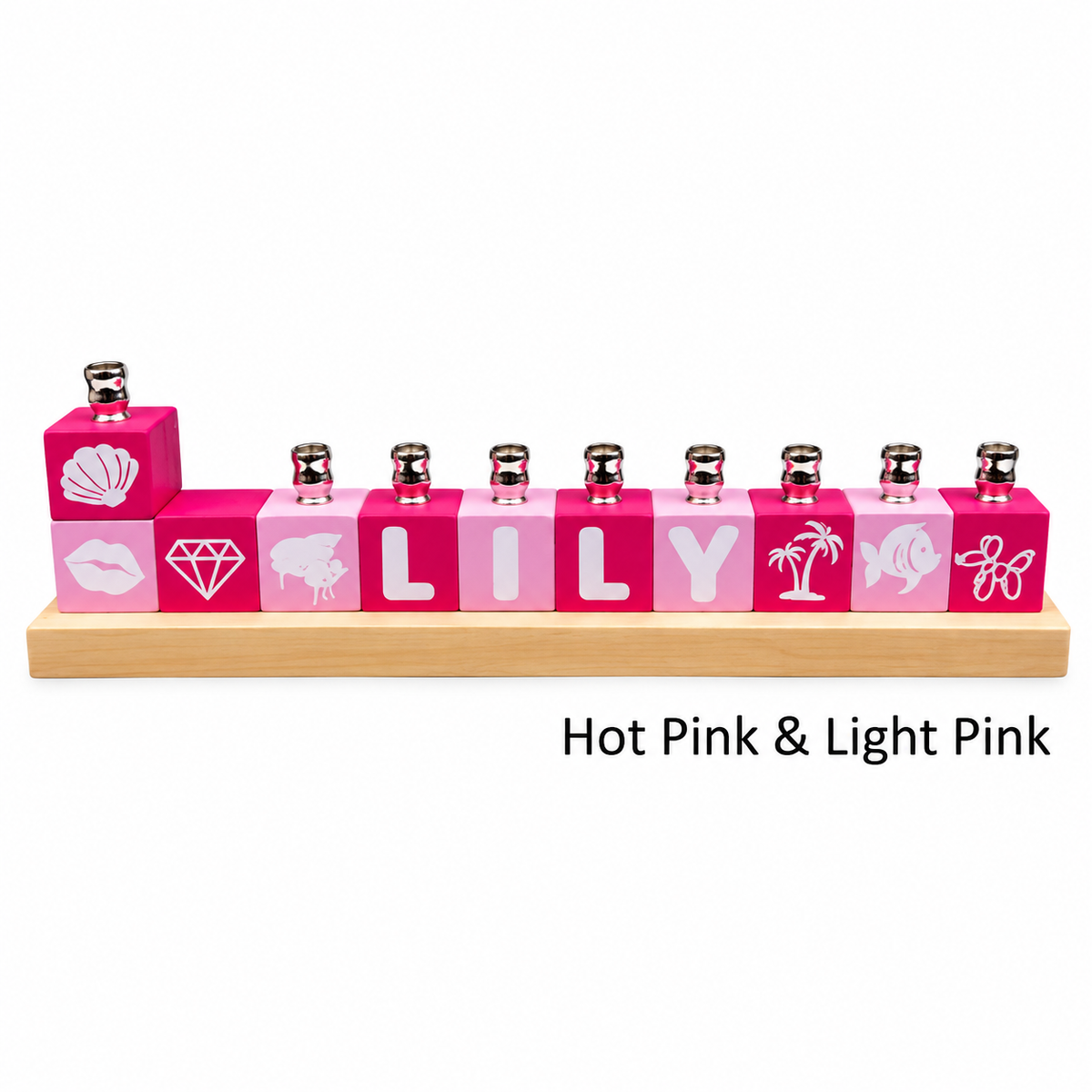 Personalized Name Block Menorah- Modern Design, hot pink and light pink combination
