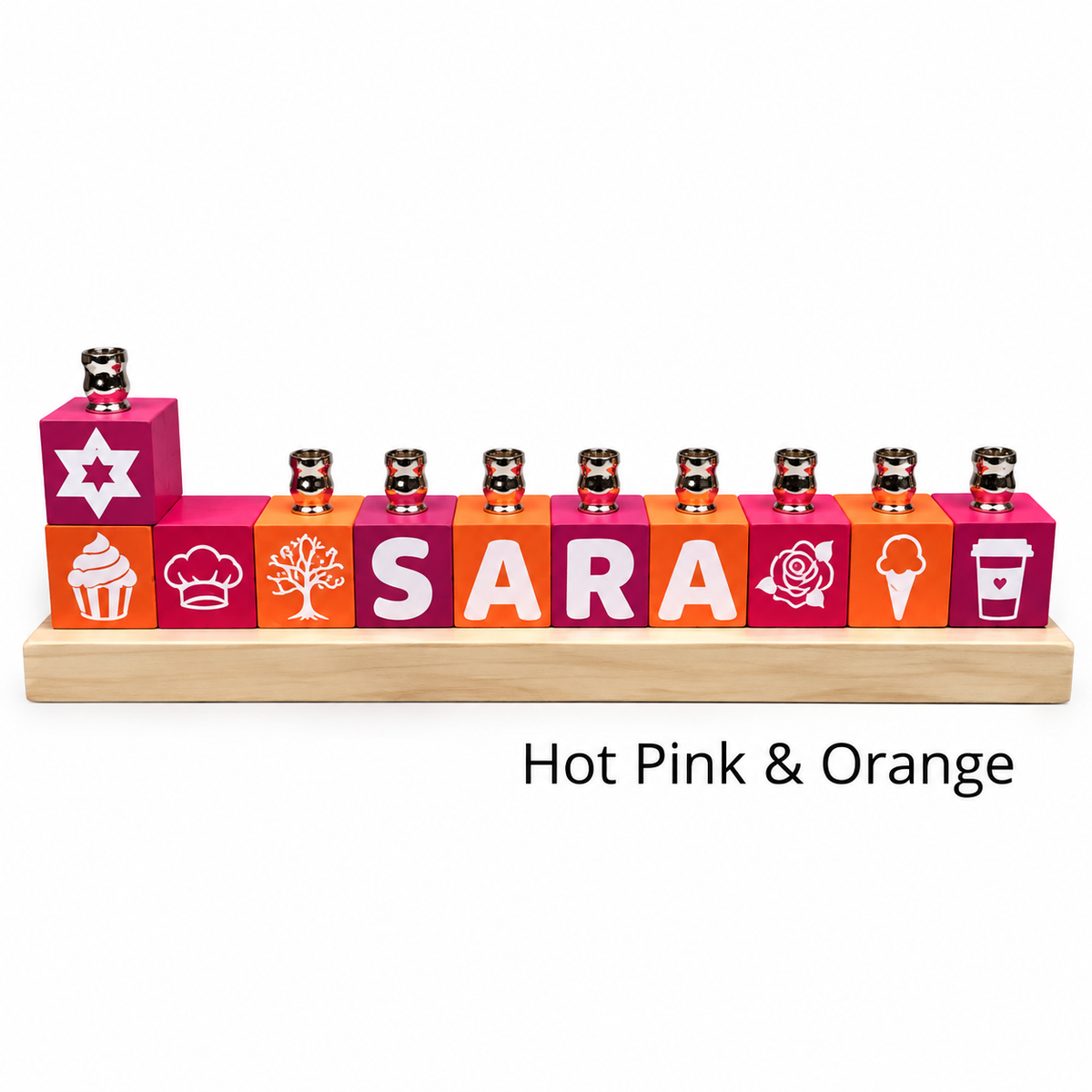 Personalized Name Block Menorah- Modern Design, hot pink and orange combination