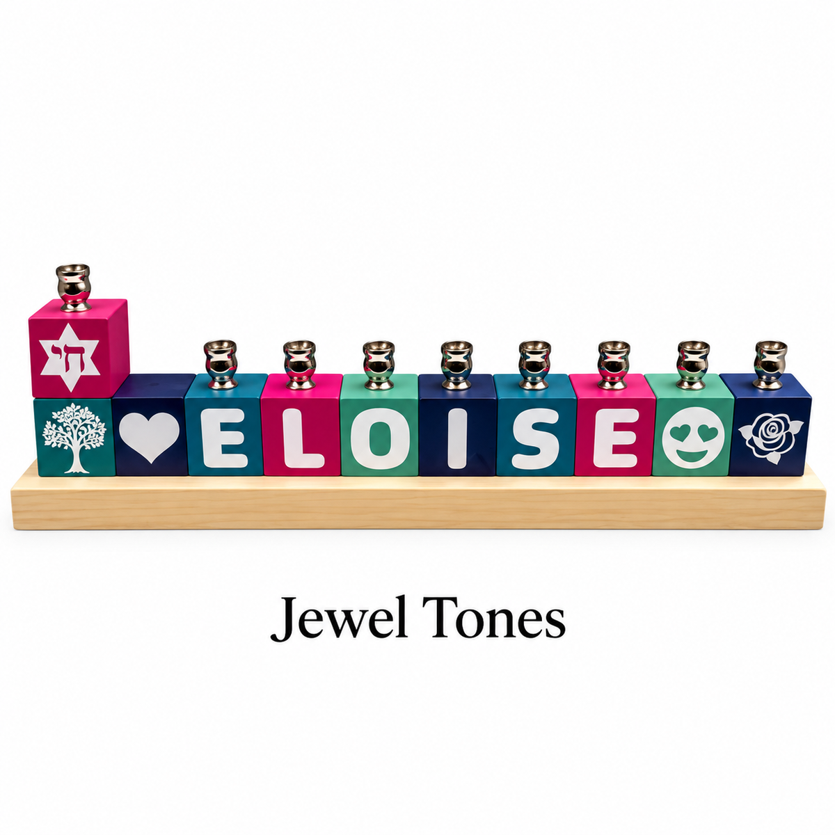 Personalized Name Block Menorah- Modern Design, jewel tones name block menorah