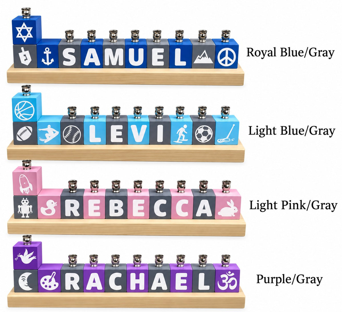 Personalized Name Block Menorah- Modern Design, royal blue, light blue, light pink and purple with grey