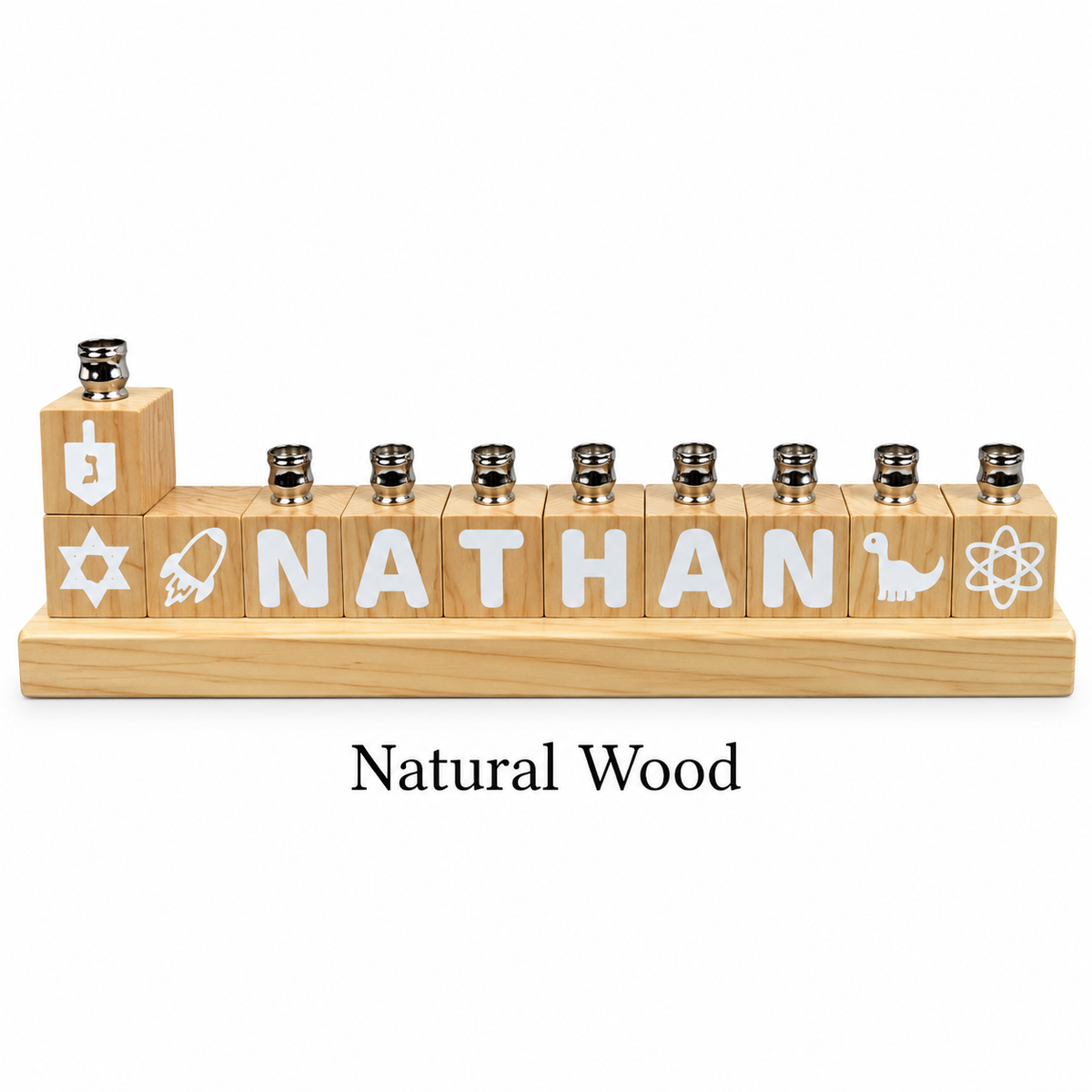 Personalized Name Block Menorah- Modern Design, natural wood name block menorah spelling NATHAN