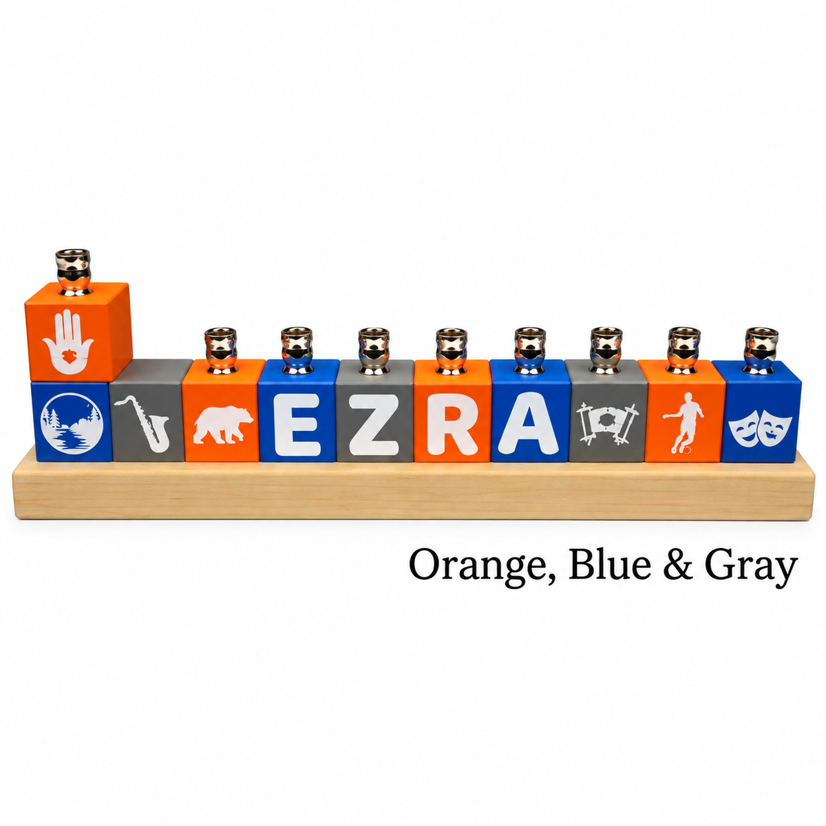 Personalized Name Block Menorah- Modern Design, orange, blue and grey name block menorah