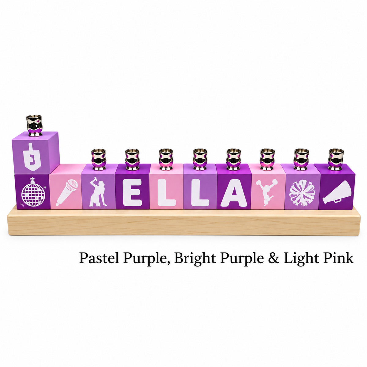 Personalized Name Block Menorah- Modern Design, pastel purple, bright purple and light pink combination