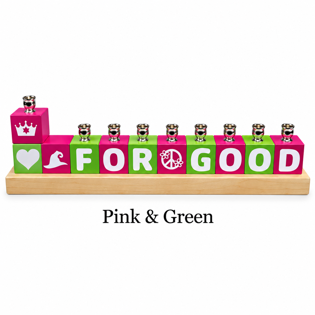 Personalized Name Block Menorah- Modern Design, pink and green menorah spelling FOR GOOD