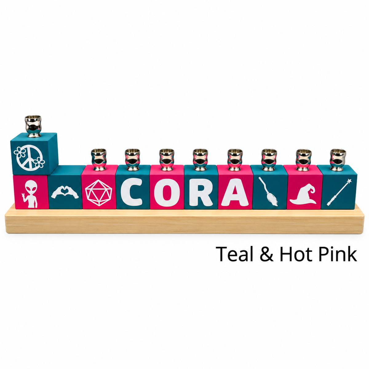 Personalized Name Block Menorah- Modern Design, teal and hot pink name block menorah