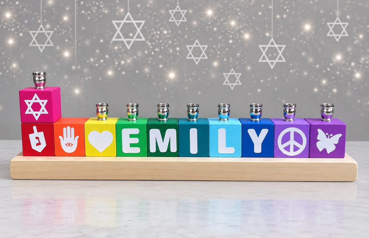 Personalized Name Block Menorah- Modern Design, name block menorah spelling EMILY in rainbow
