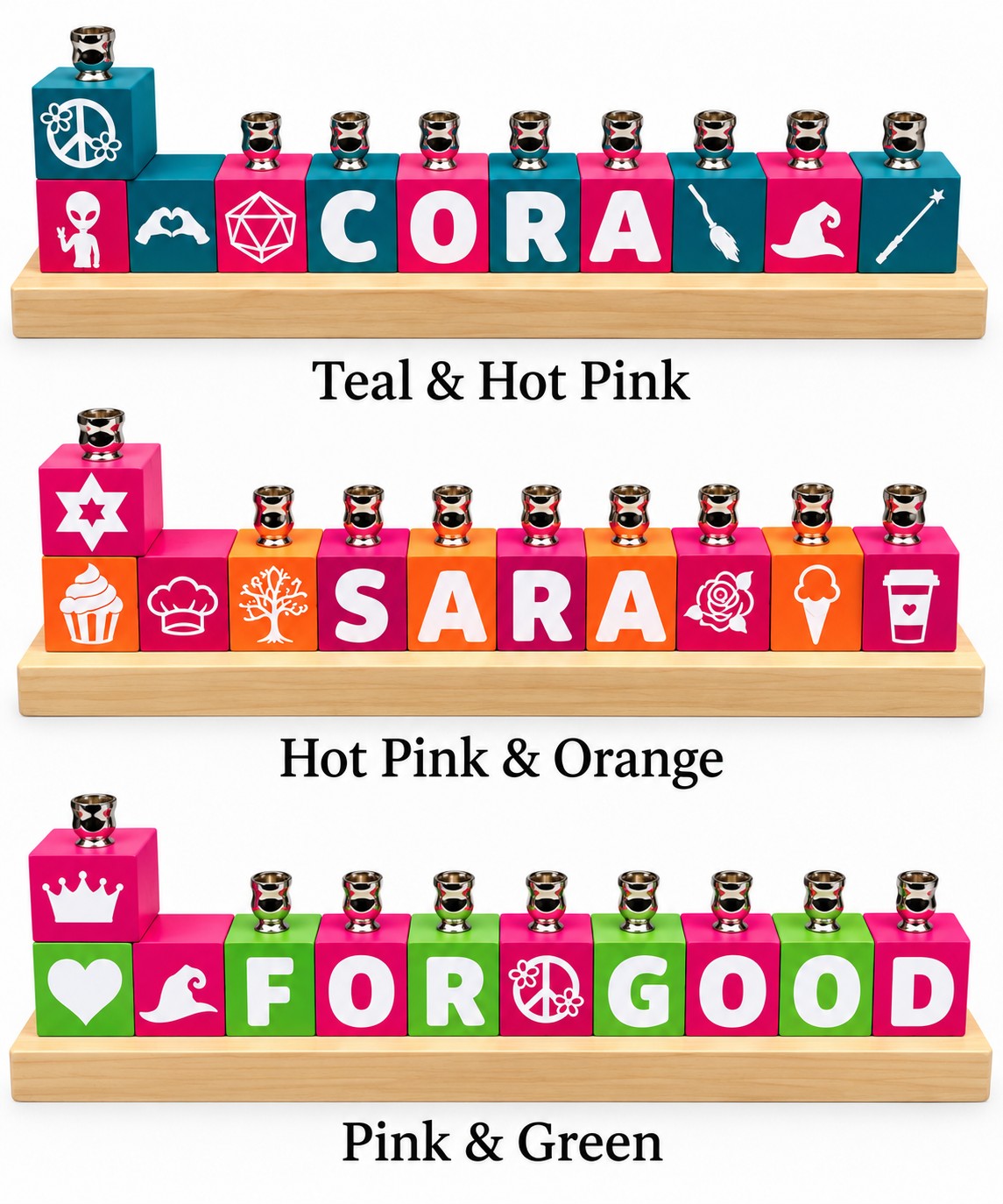 Personalized Name Block Menorah- Modern Design, teal, orange and pink combinations
