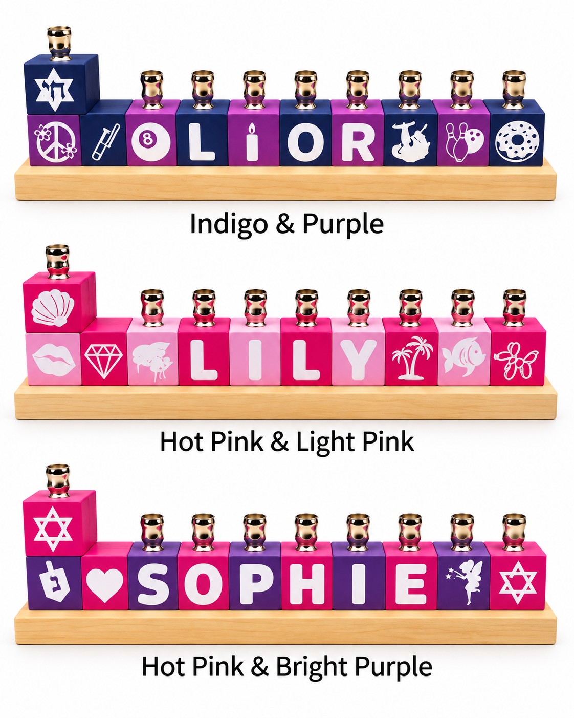 Personalized Name Block Menorah- Modern Design, indigo, pink and purple combinations
