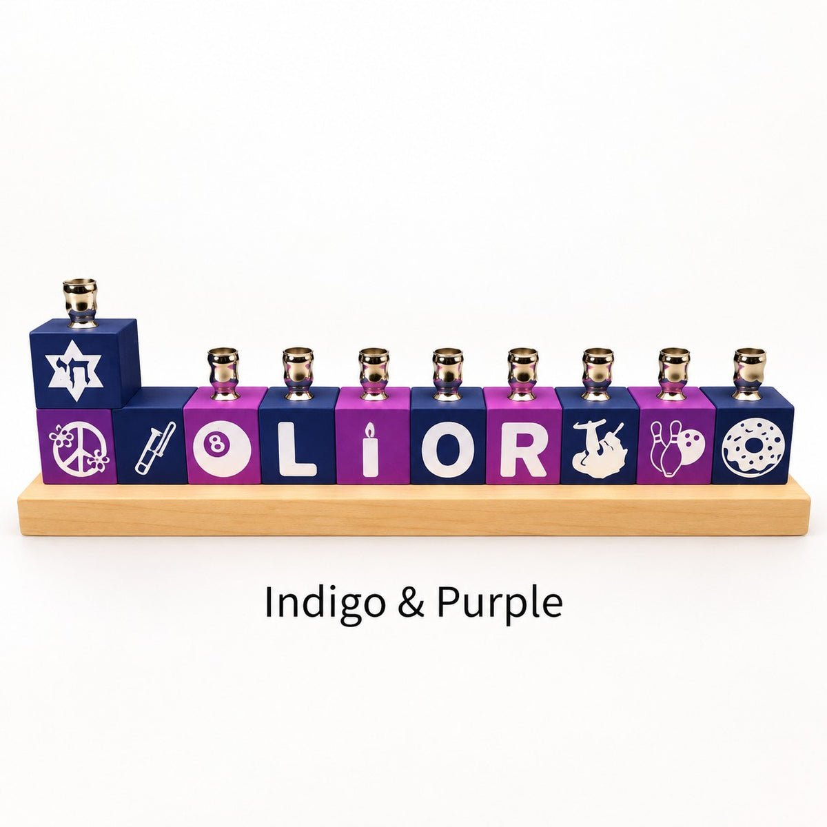Personalized Name Block Menorah- Modern Design, indigo and purple name block menorah (2)