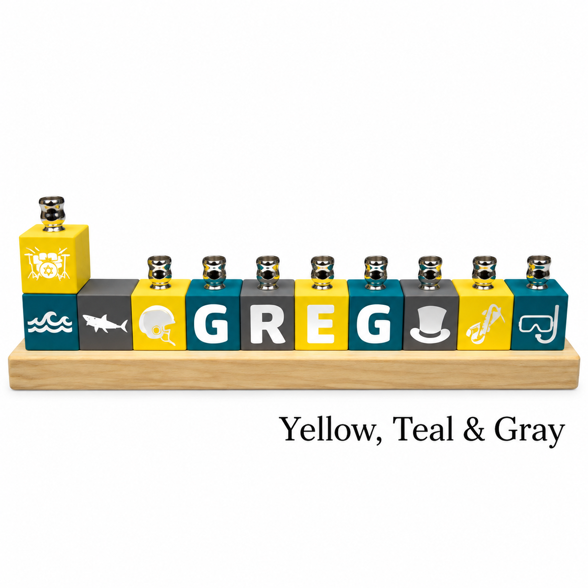 Personalized Name Block Menorah- Modern Design, yellow, teal and grey name block menorah