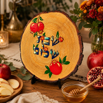 Pomegranate Challah Board, live edge board painted with pomegranates and Shabbat Shalom