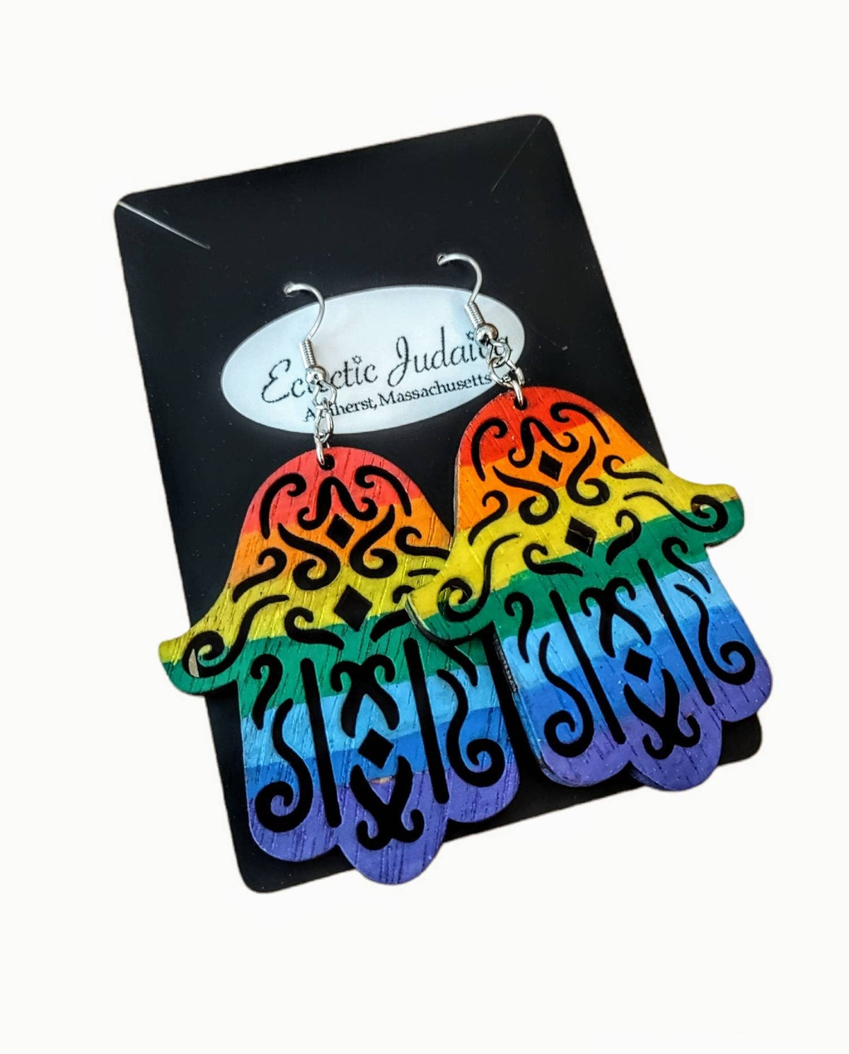 Rainbow hamsa earrings on an Eclectic Judaica card