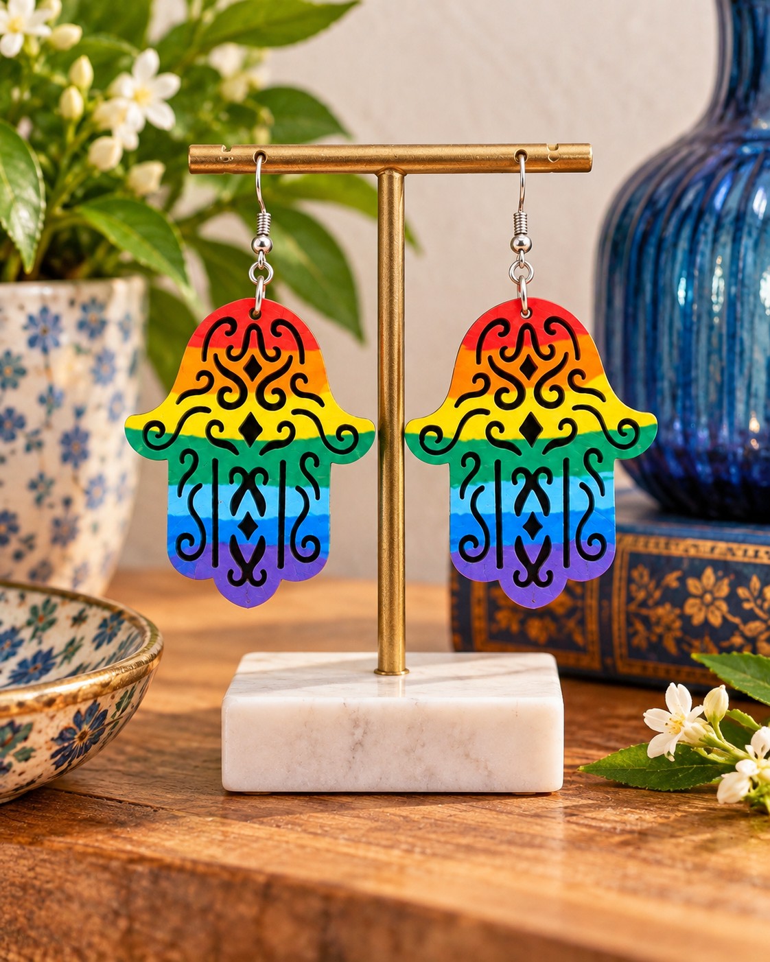 Rainbow hamsa earrings on a stand
