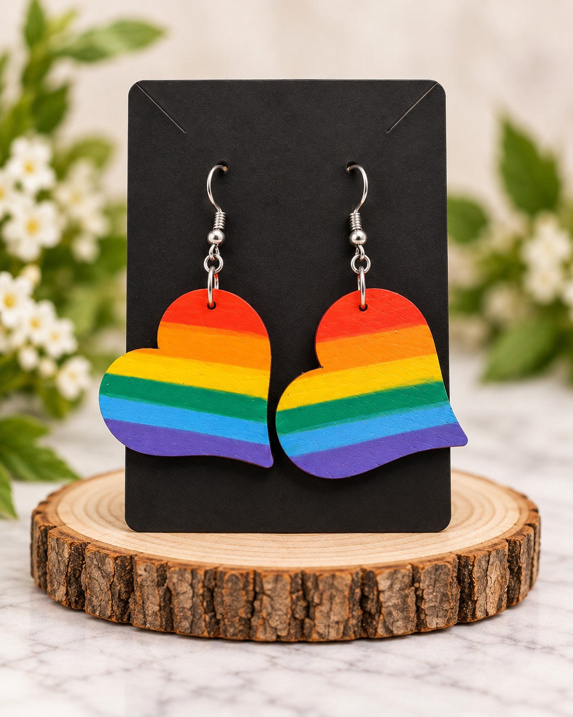 Rainbow heart earrings on a black card on a wood slice