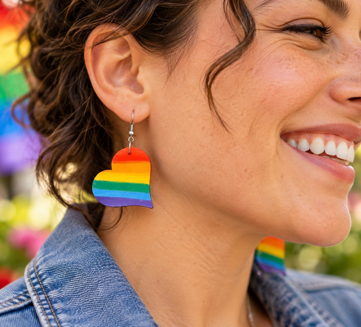 Rainbow heart earring worn by a smiling woman