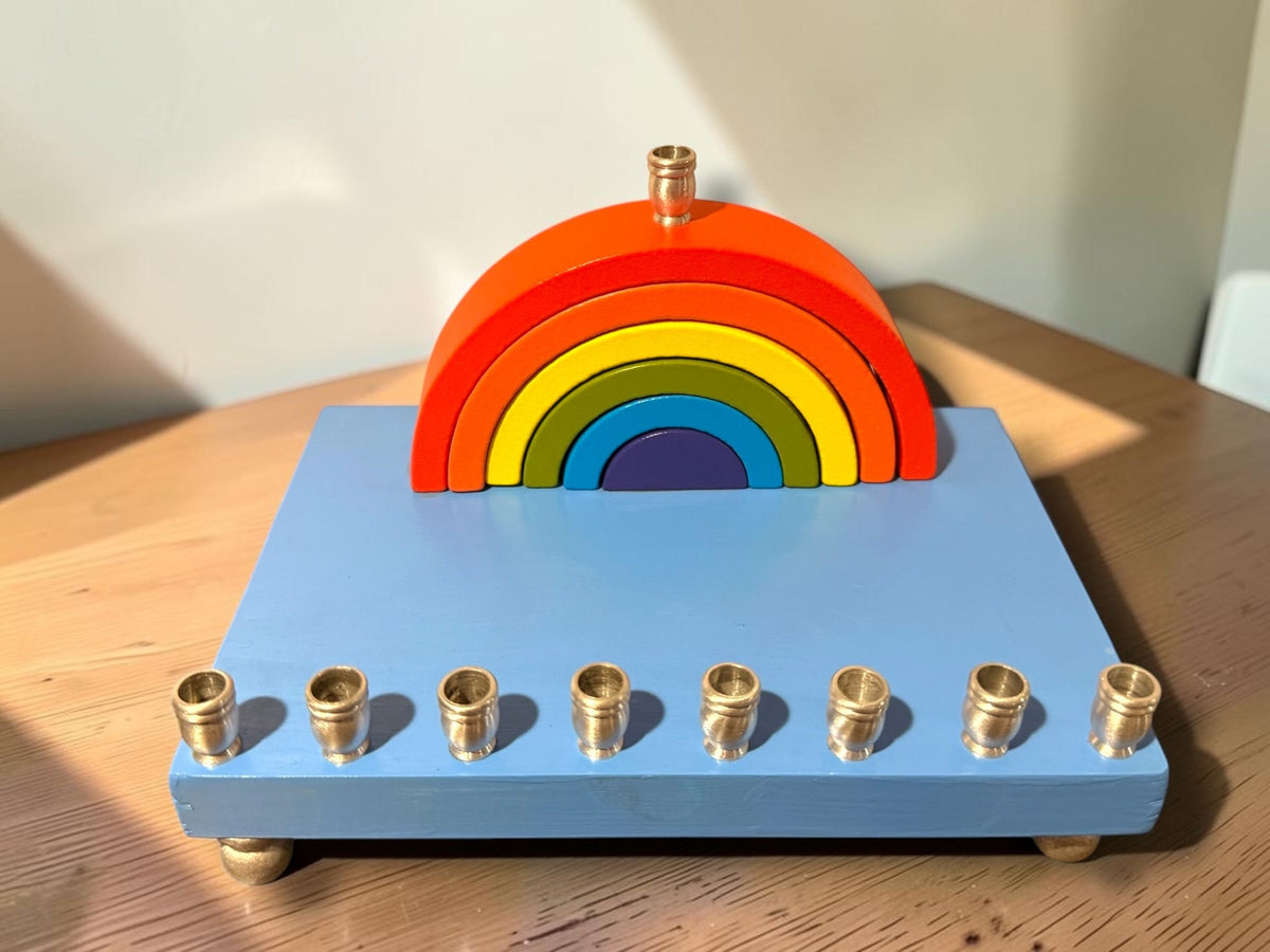 Rainbow wood menorah, front view