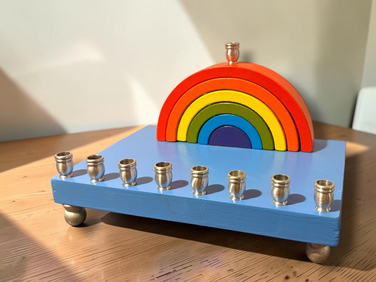 Rainbow wood menorah, low angle