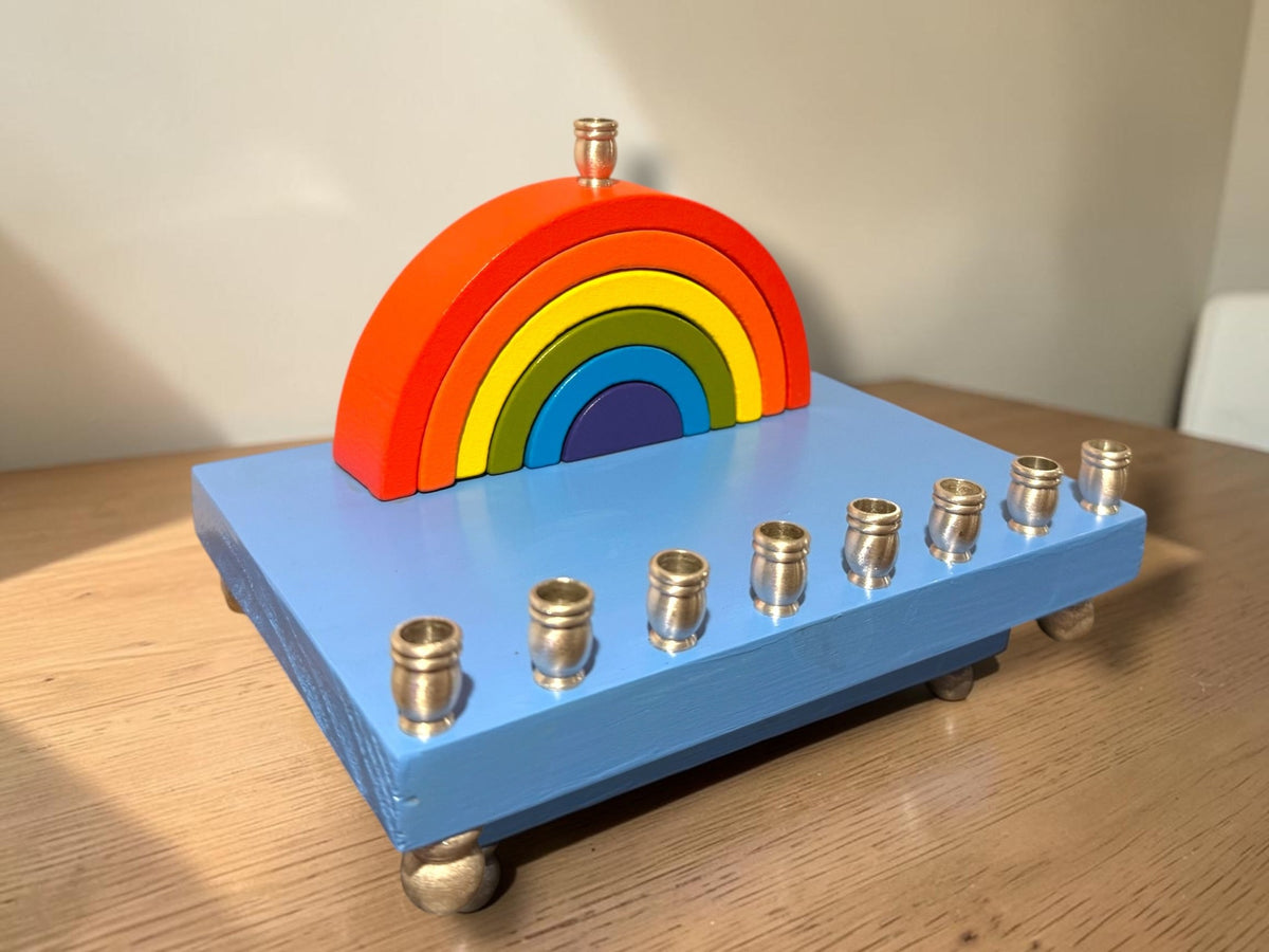 Rainbow wood menorah, angled view