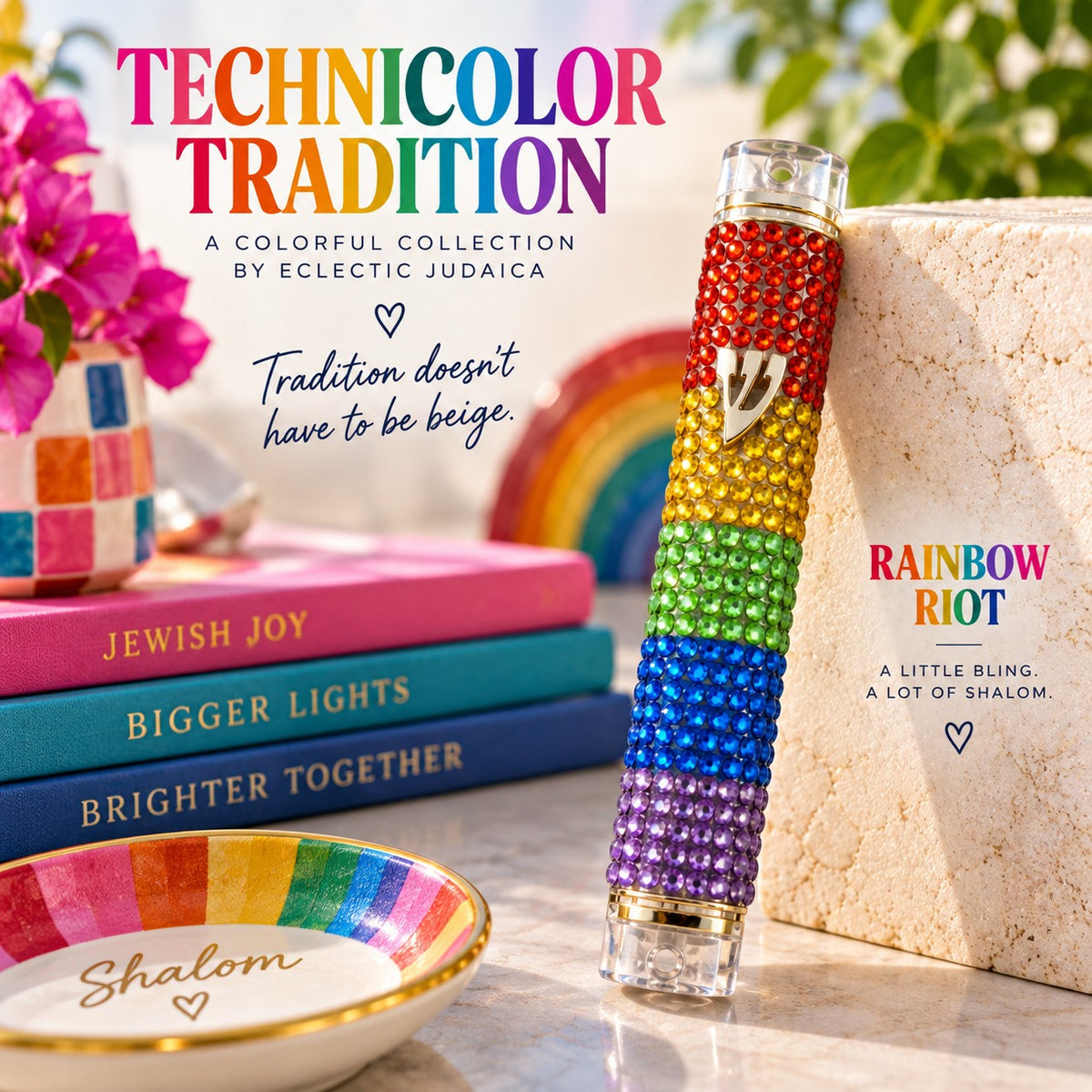 Rainbow Rhinestone Mezuzah Case, Technicolor Tradition rainbow mezuzah promo