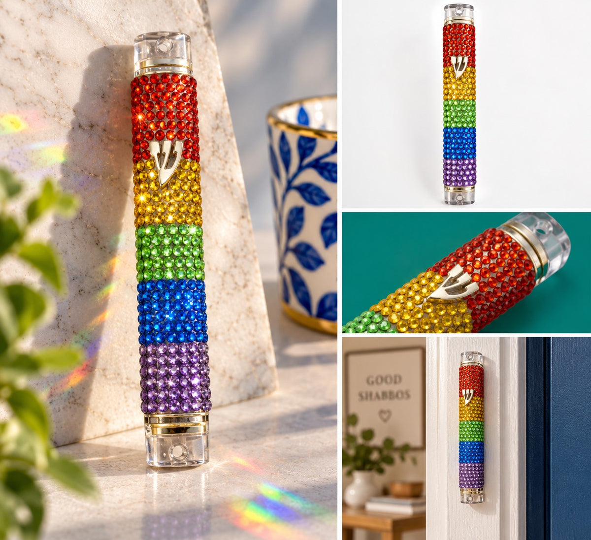 Collage of the rainbow rhinestone mezuzah case