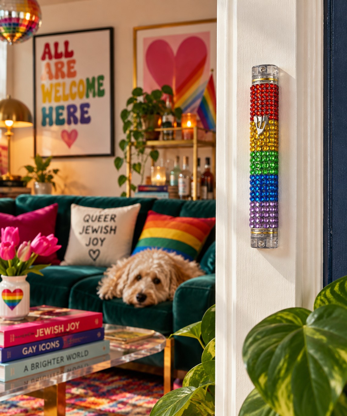 Rainbow Rhinestone Mezuzah Case, rainbow mezuzah on a doorpost by a sofa and dog
