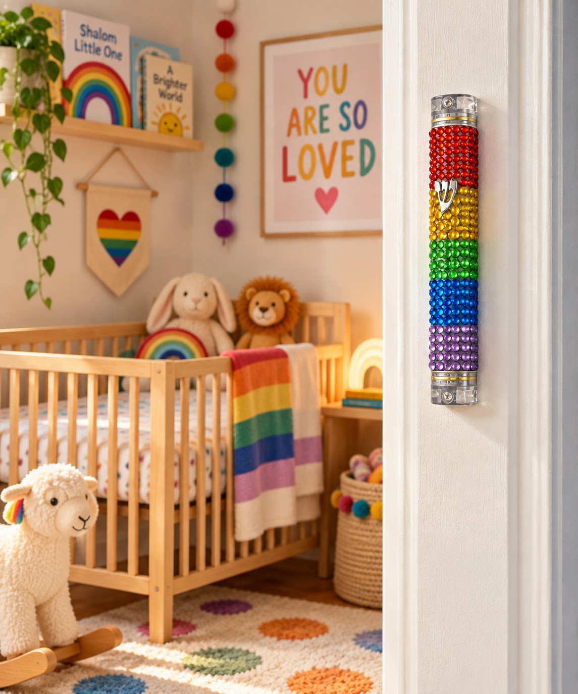 Rainbow Rhinestone Mezuzah Case, rainbow mezuzah on a nursery doorpost