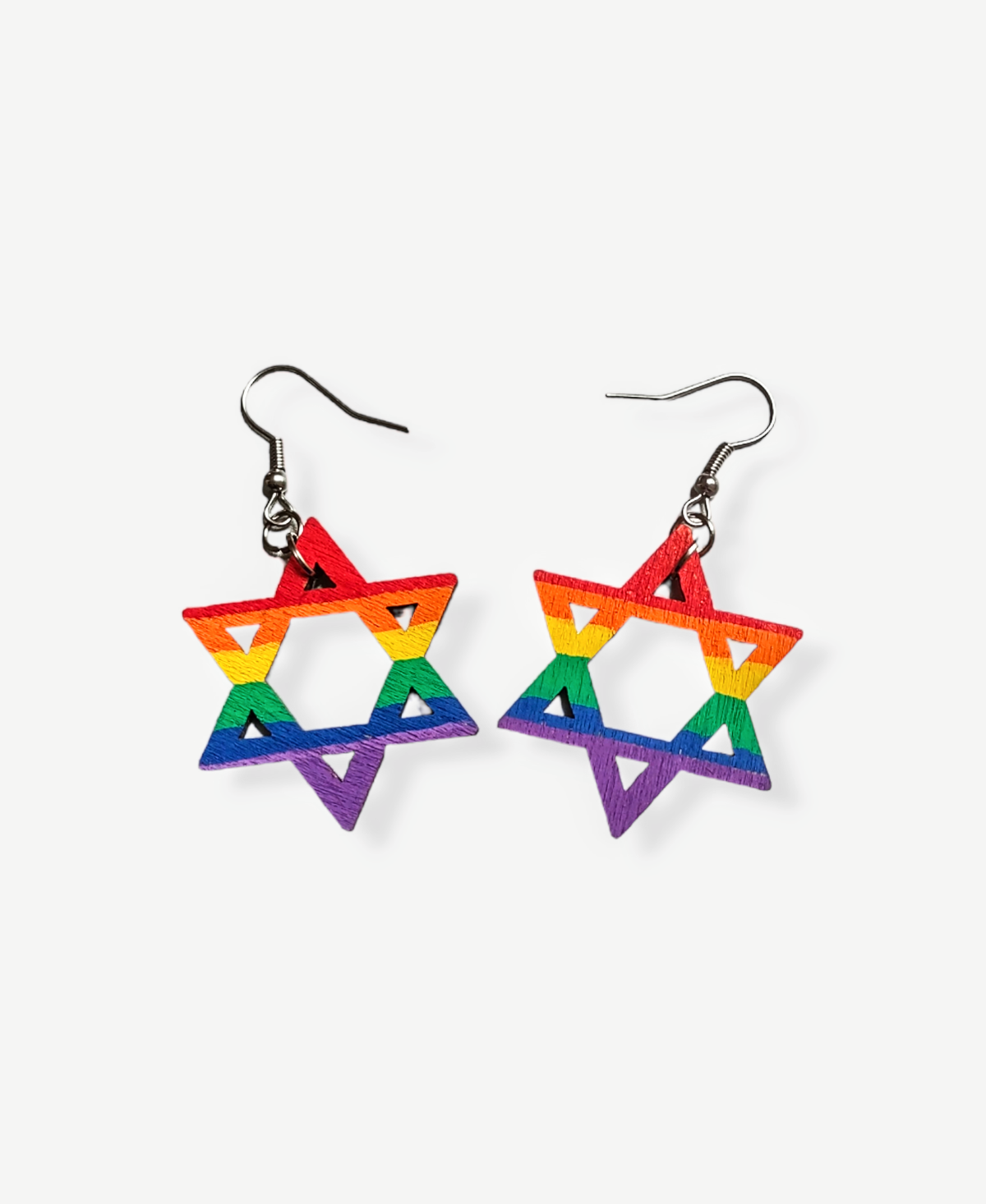 Rainbow Star of David earrings flat on white