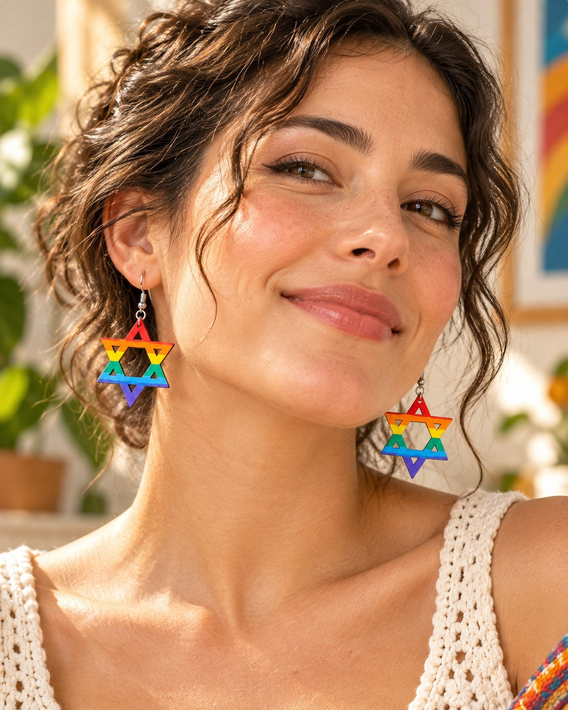 Smiling woman wearing the rainbow star earrings