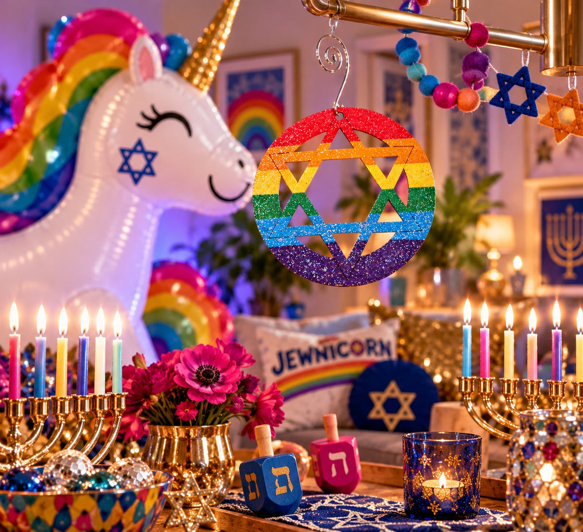 Rainbow star ornament in a festive unicorn scene