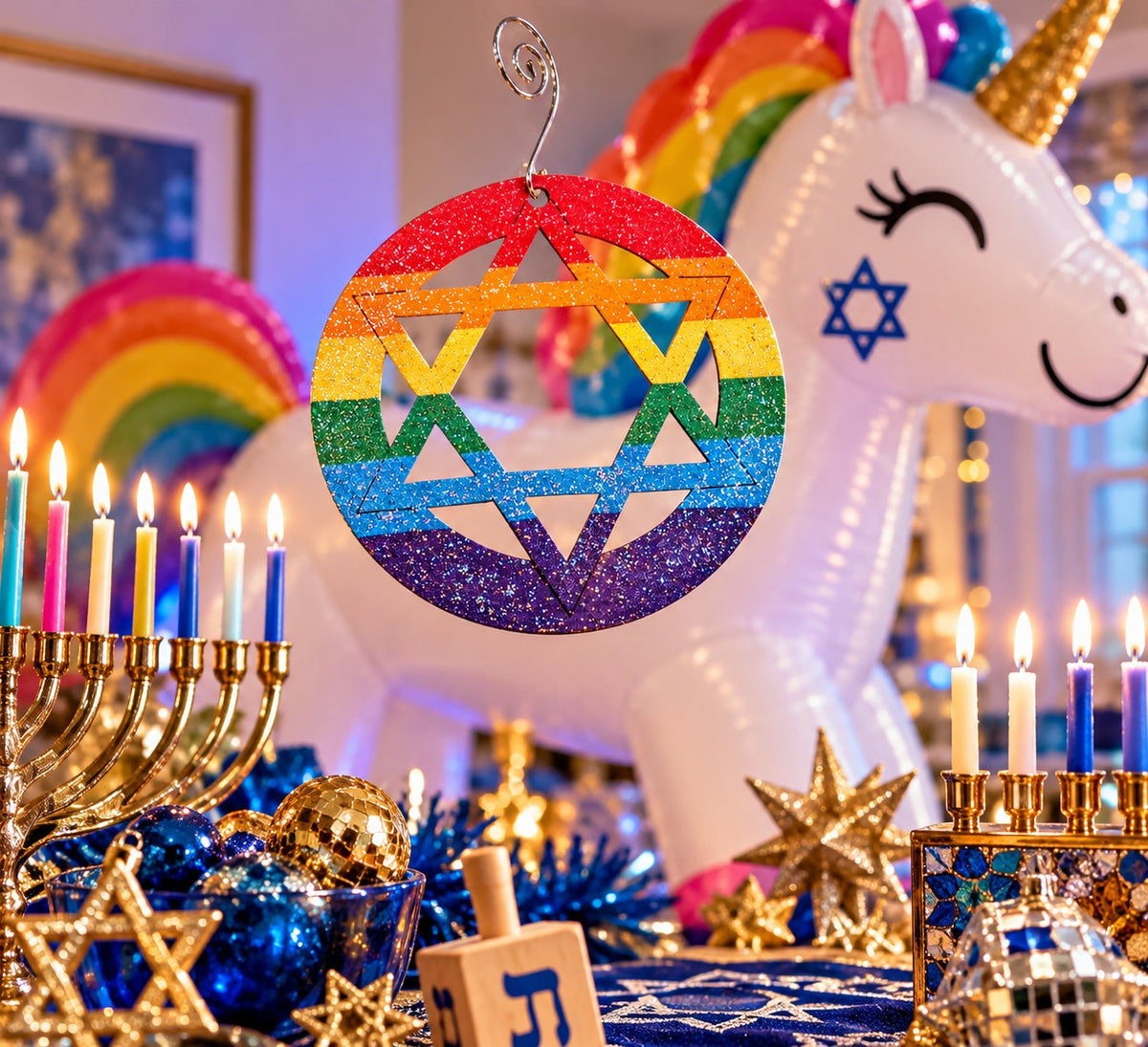 Rainbow star ornament with a menorah and unicorn