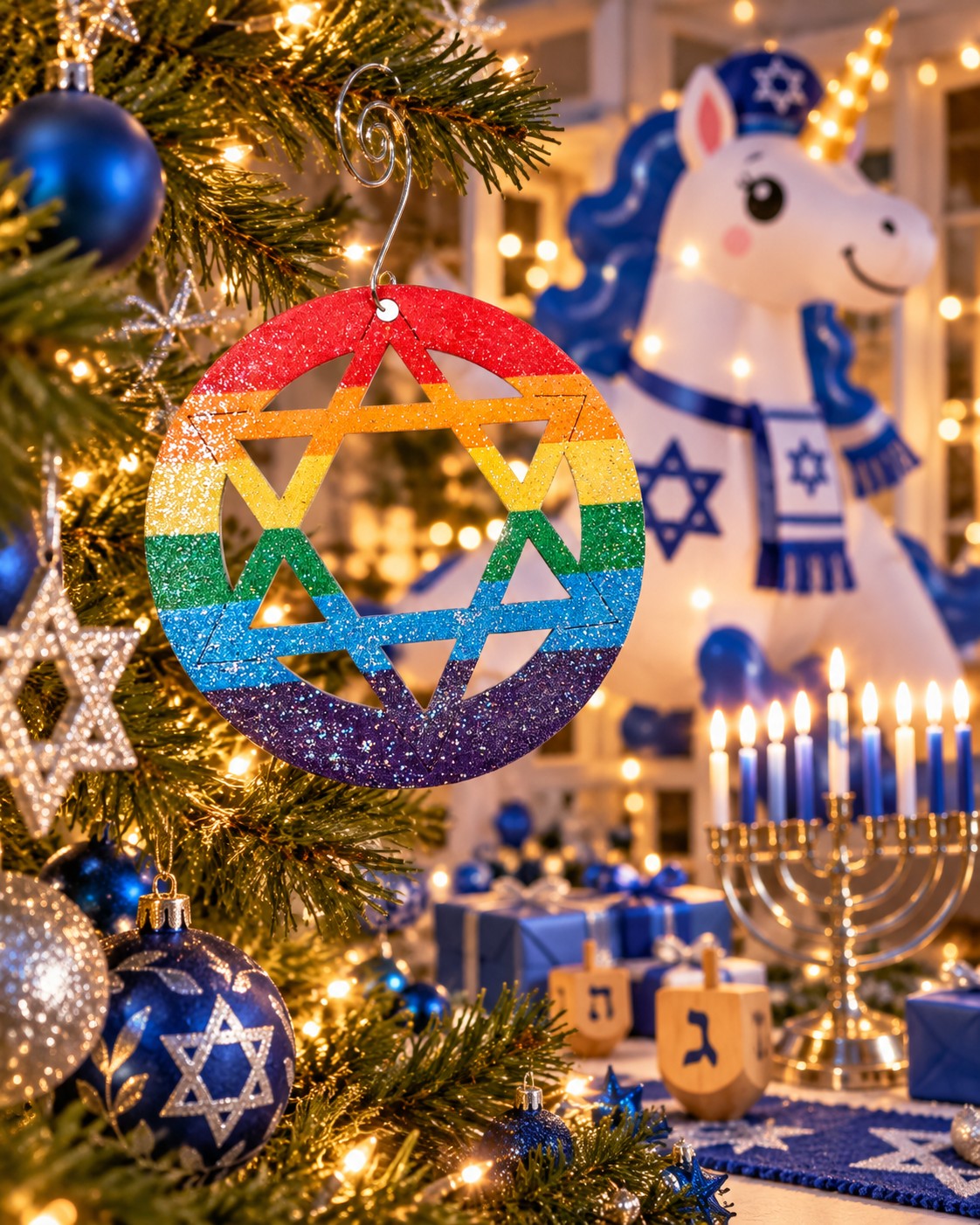 Rainbow star ornament on a Christmas tree